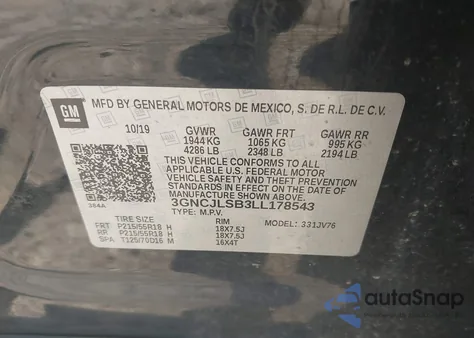 2020 Chevrolet Trax Fwd Lt из США, поврежденный, VIN 3GNCJLSB3LL178543